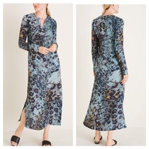 Chico’s Black Label Blue Abstract Satin Silk Blend Midi Dress Size 8 Hippie Boho